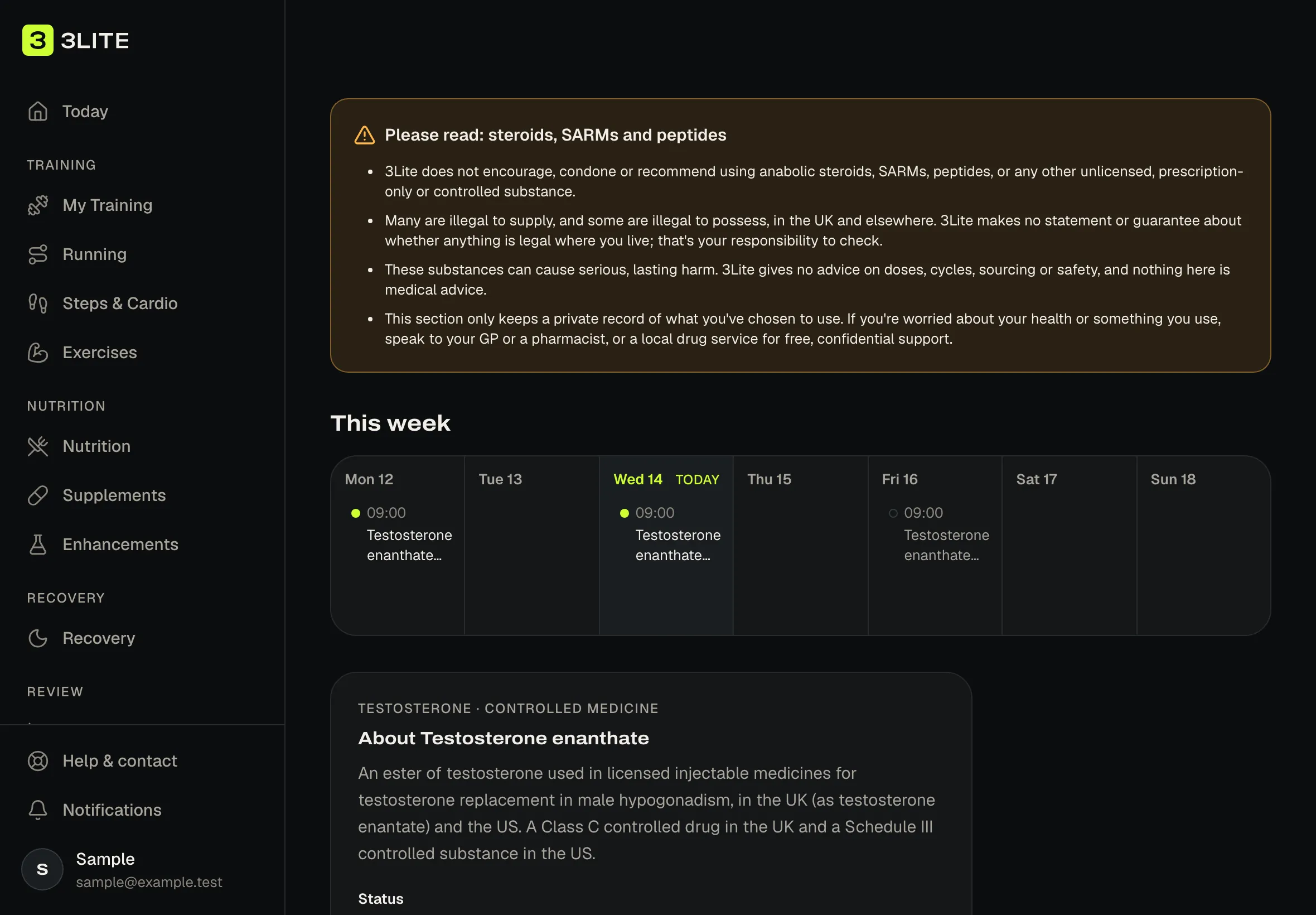 The 3Lite Enhancements week with the warning and a compound reference card showing regulatory status and sources