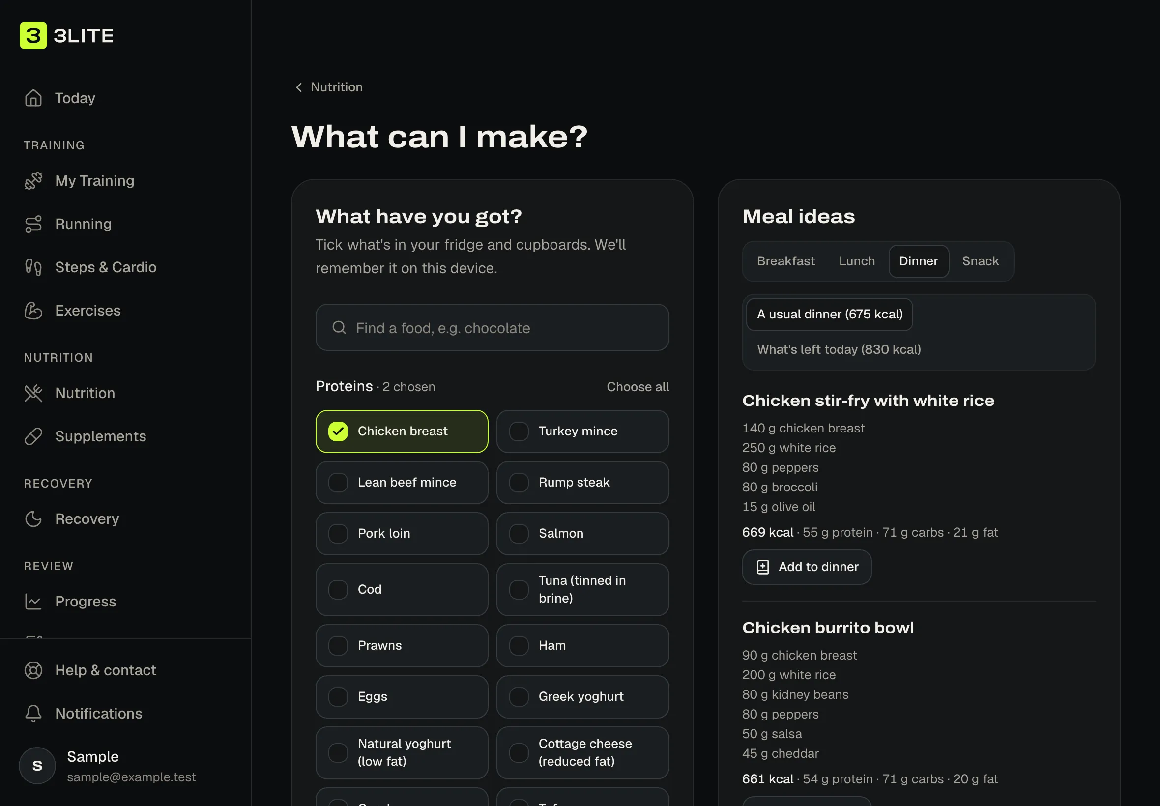 What can I make? in 3Lite, suggesting real dishes from foods in the fridge