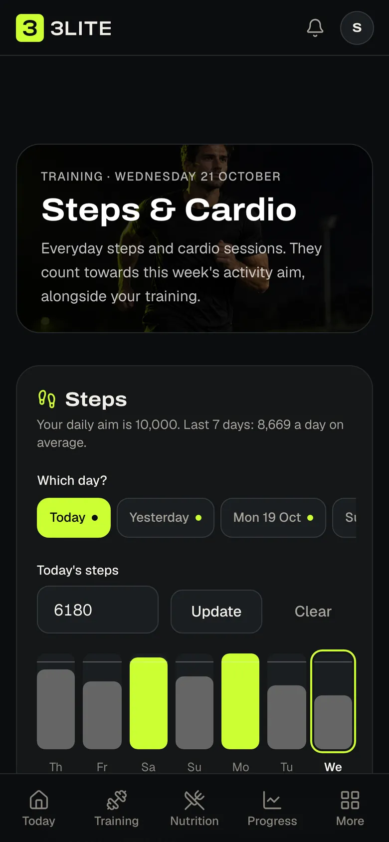 The 3Lite Steps and Cardio page with a week of steps and recent cardio sessions, on a phone