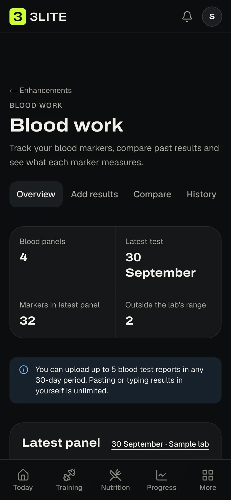 The 3Lite Blood work overview with results outside the lab's range and changes since the last test, on a phone