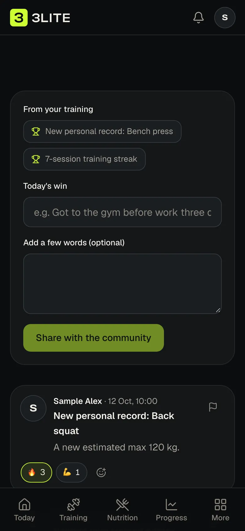 The 3Lite community feed with a member's personal record and a daily win, on a phone