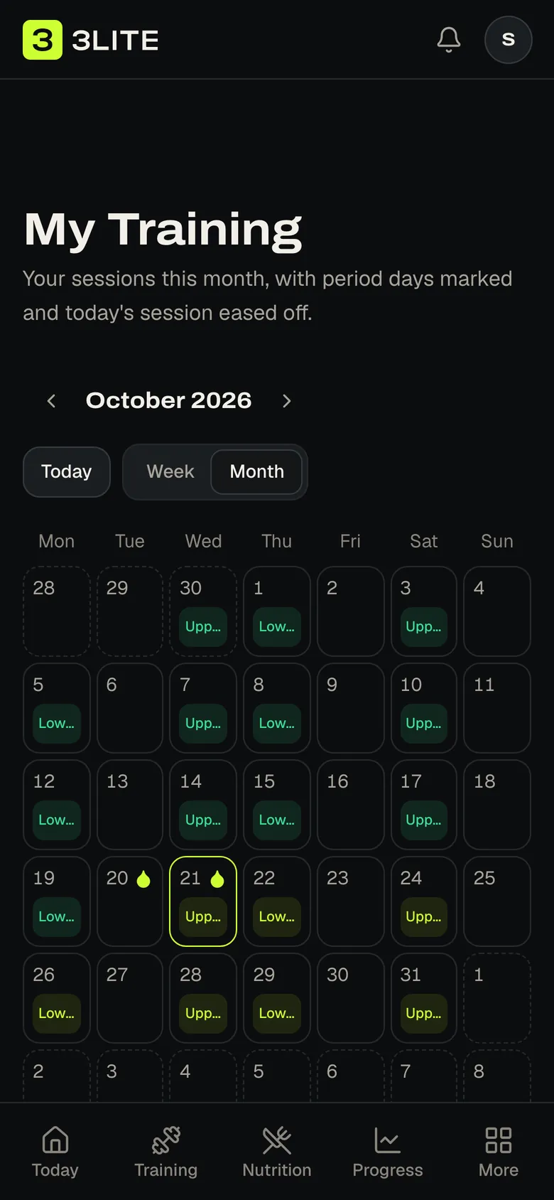 The 3Lite cycle tracking panel with a logged period and today's symptoms, on a phone