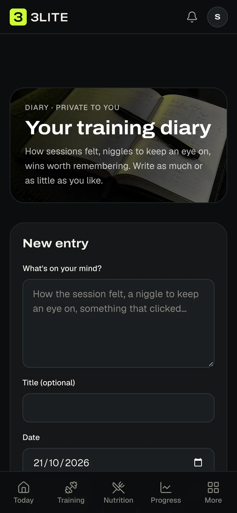 Entries in the 3Lite private diary with tags and how the day felt, on a phone