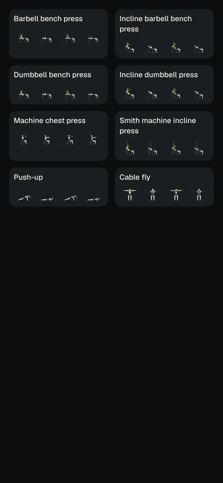 Illustrated start and finish positions for chest exercises in the 3Lite exercise library, on a phone