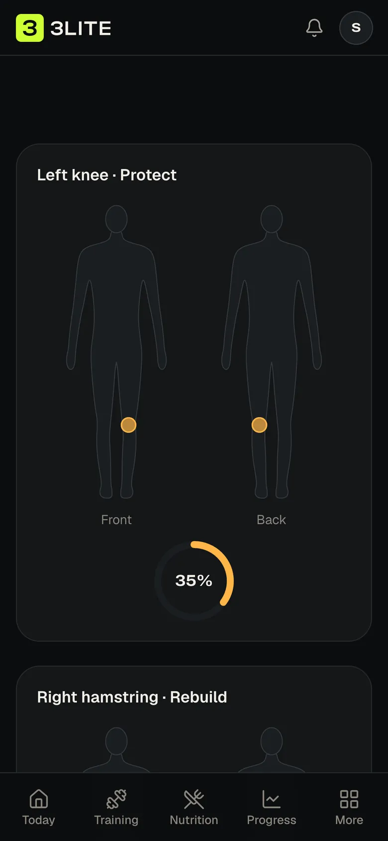The 3Lite injuries screen with body graphics showing a knee and hamstring and their recovery, on a phone