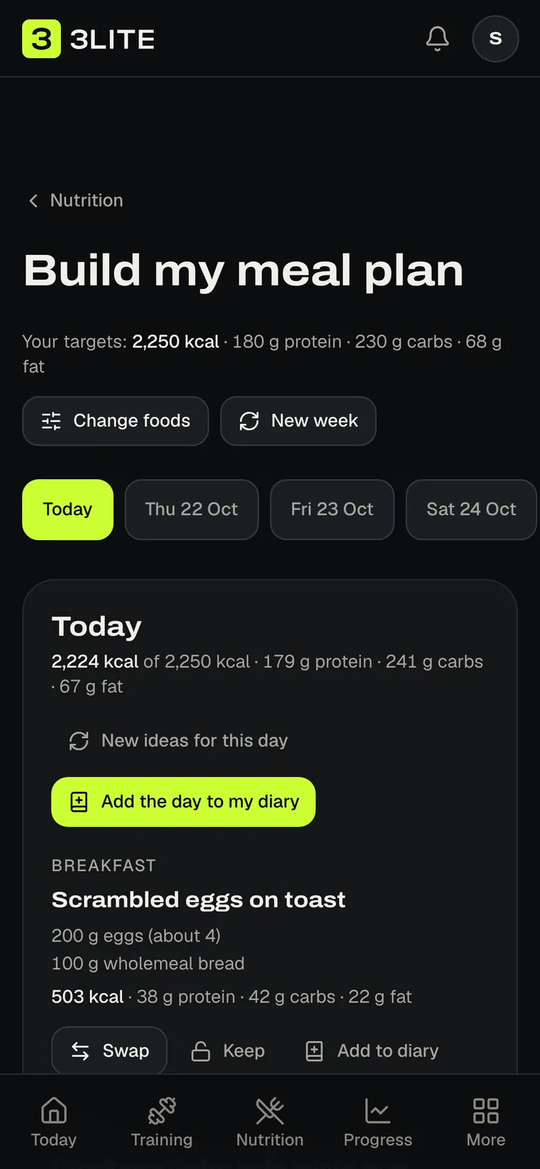 A day's meal plan in 3Lite with dishes and portions sized to calorie and protein targets, on a phone