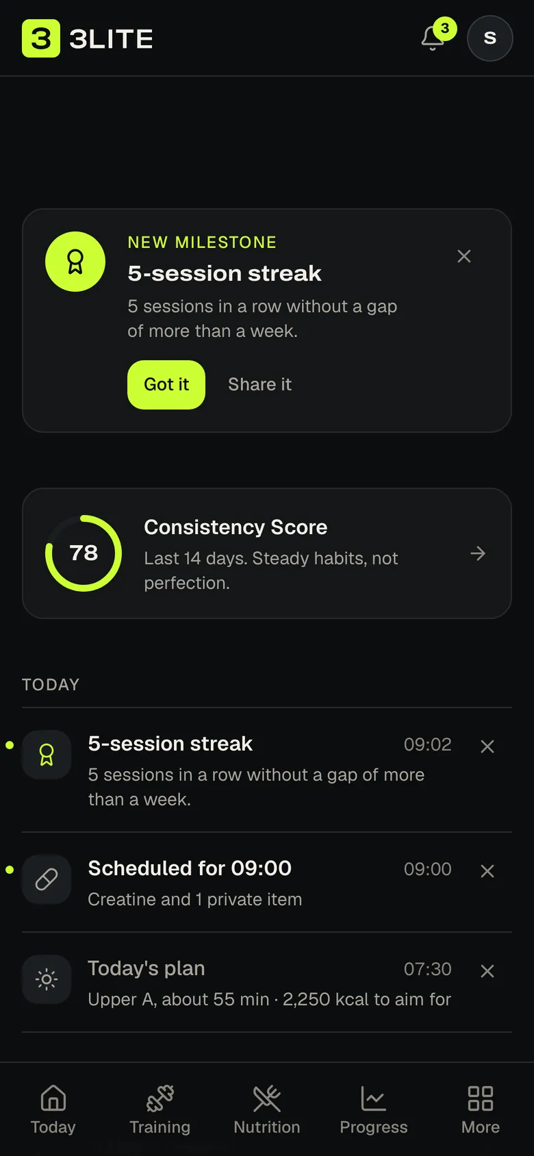 The 3Lite notification centre with a new milestone, the Consistency Score and today's reminders, on a phone