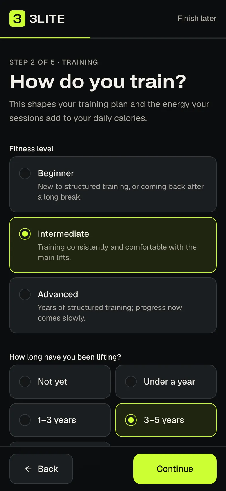 The 3Lite setup step asking about training experience and goals, on a phone