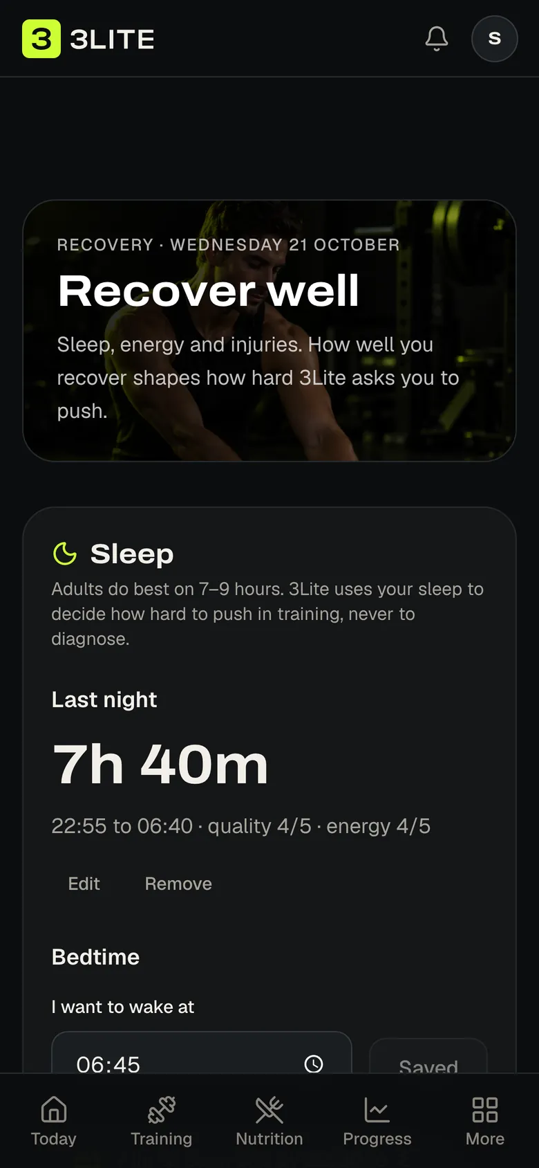 The 3Lite Recovery page with a week of sleep and two injuries being tracked, on a phone