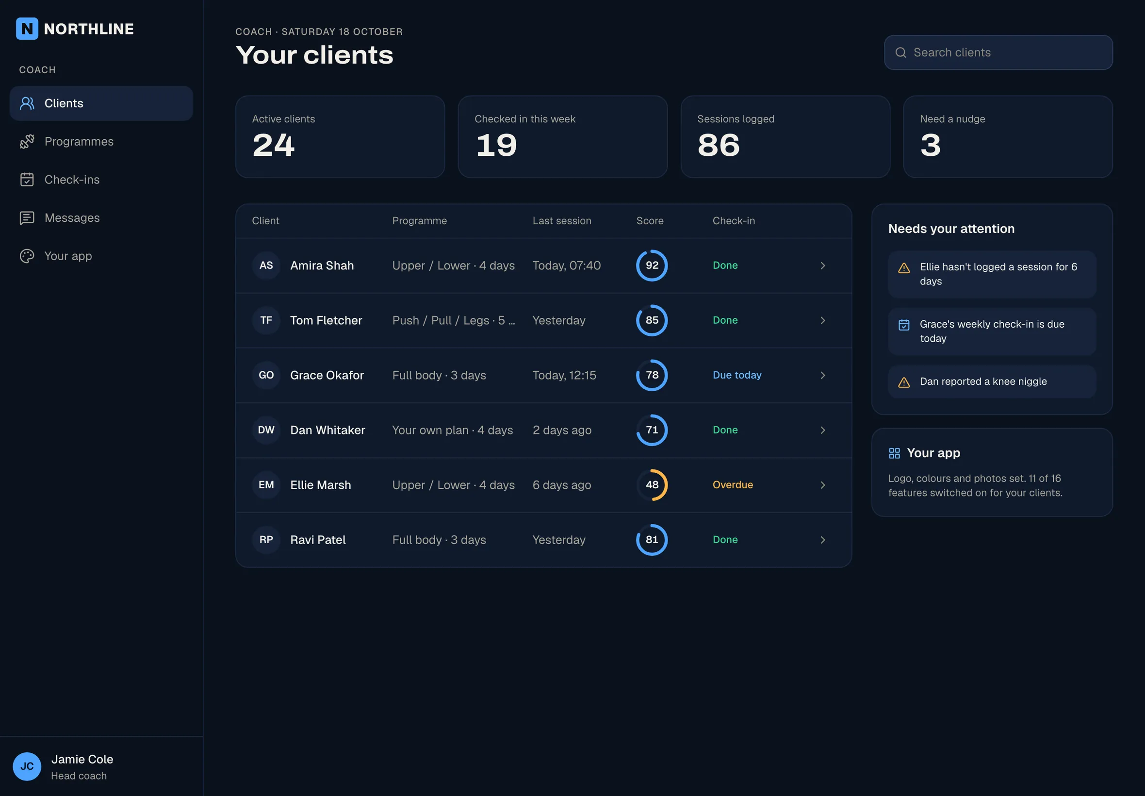 A design preview of the trainer view in a navy and blue re-branded app, listing clients with their check-ins and scores