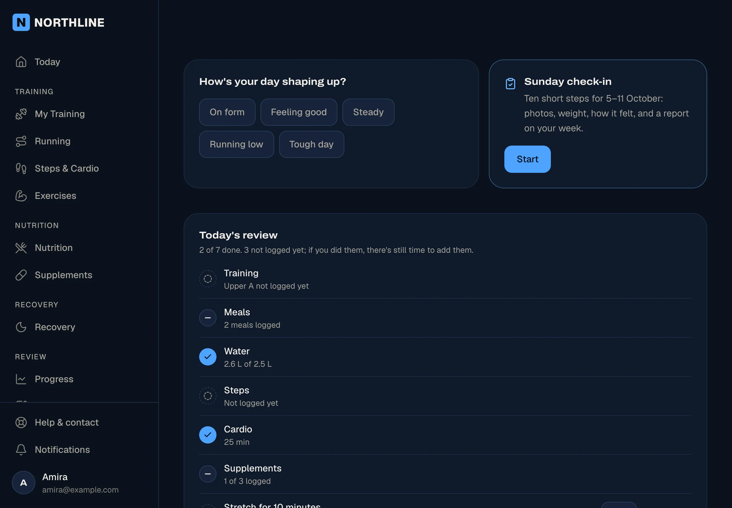 Daily and weekly check-ins re-branded in navy and blue with an example trainer's logo