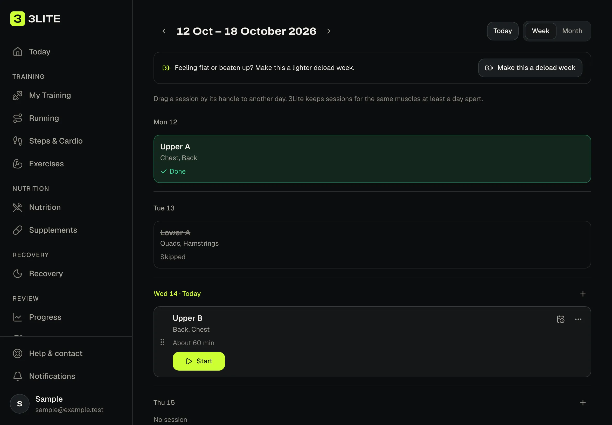 The 3Lite training calendar for the week with sessions and a deload prompt
