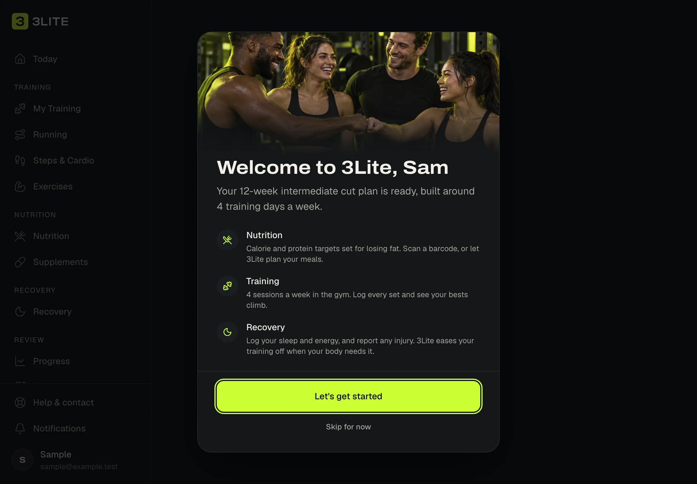 The 3Lite welcome after set-up, greeting the member by name with their plan and training days