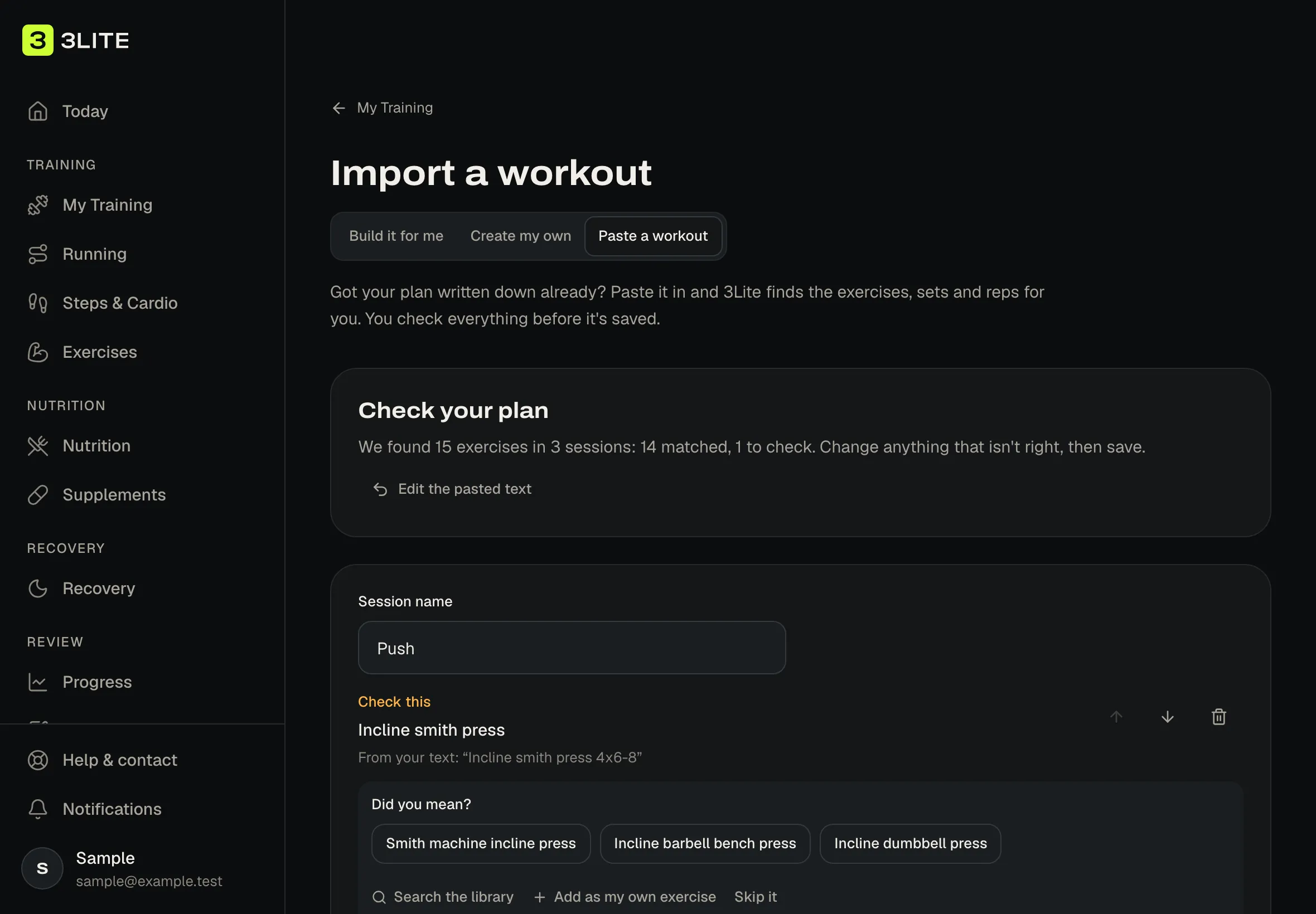 Paste a workout in 3Lite: a pasted plan read into sessions, with one exercise to check